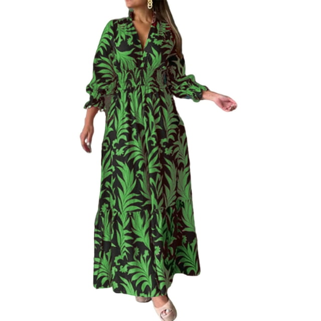 Fashnice Robe Longue Femme Col en V Maxi Robes Manches Tunique Chandail Fête Boho Vert+ Noir G