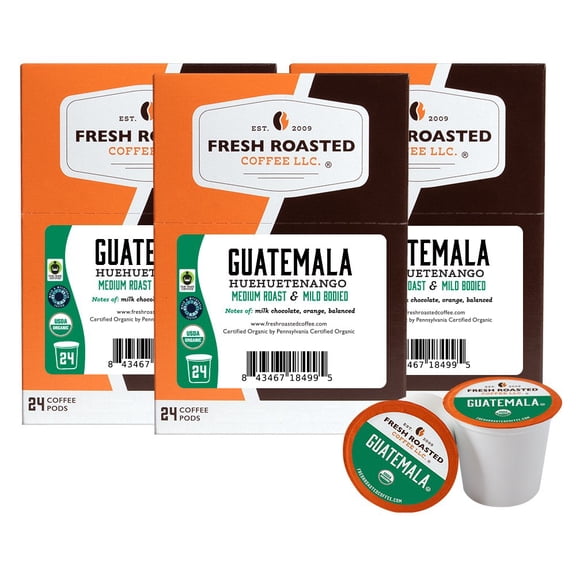 Fresh Roasted Coffee, Organic Guatemalan Huehuetenango Coffee Pods, Medium Roast, K-cup Compatible, 72 Count