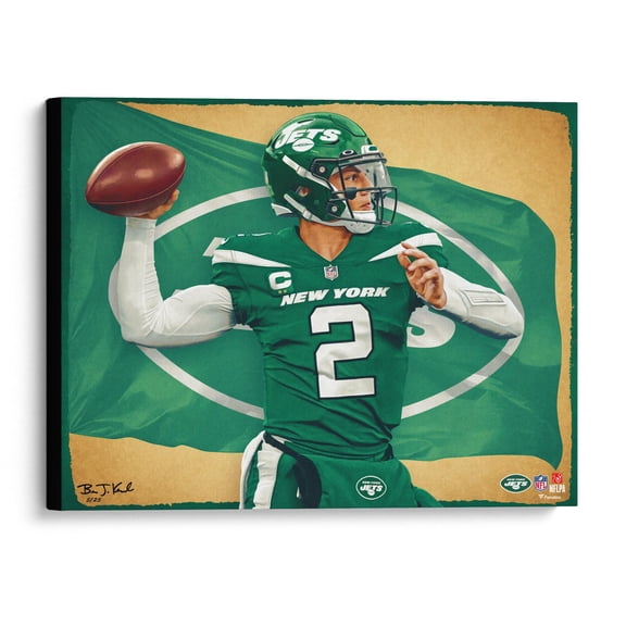 Zach Wilson New York Jets Stretched 20" x 24" Canvas Giclee Print - Designed & Signed by Artist Brian Konnick - Limited