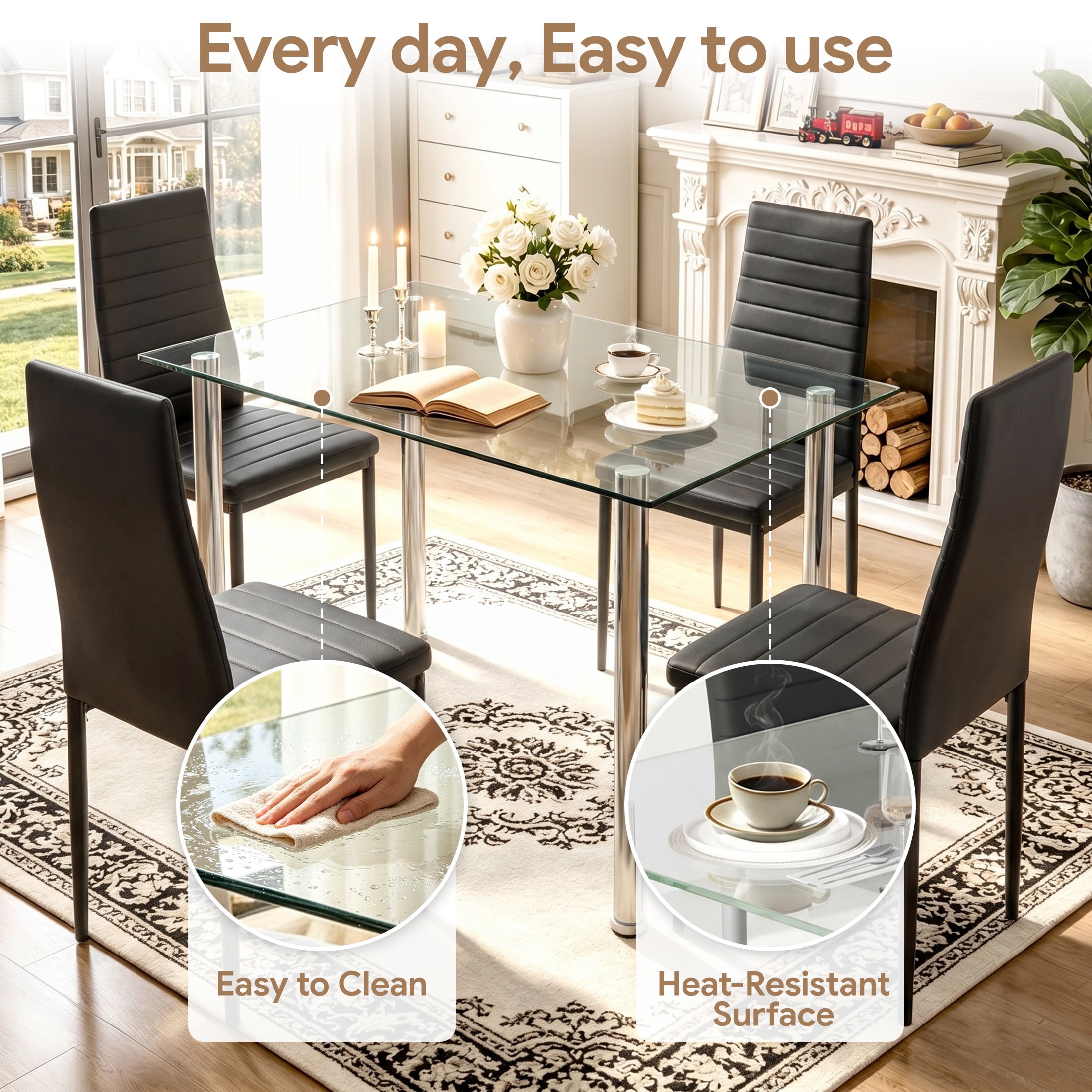 UHOMEPRO Black Kitchen Table Set, 5 Pieces Dining Table Set, Tempered Glass Dining Table and Chairs Set for 4, Upgraded Iron Dining Room Table Set with 4 PU Leather Chairs