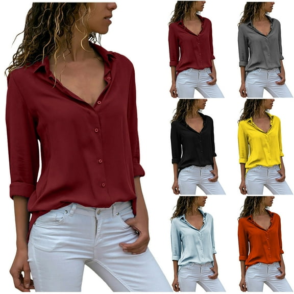 Elainilye Fashion Women Shirts Plus Size Ladies Chiffon Long Sleeve V-Neck Lapel Solid Color Blouses Summer Casual Tops,Gray