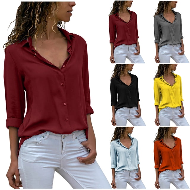 Fanxing Womens Button Down Shirts Lapel Collar Long Sleeve Shirt Loose Fit Solid Color Blouses