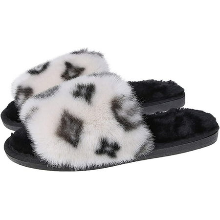 

PIKADINGNIS Women s slippers Plush slippers Winter slippers Open-toed slippers Warm slippers Leopard slippers Home slippers