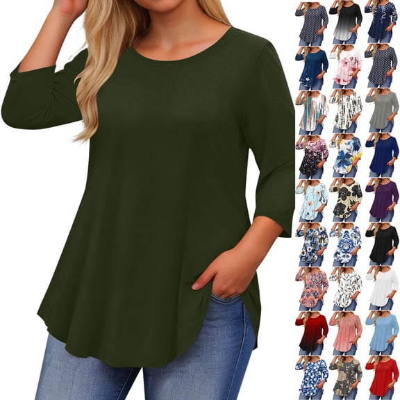 2025 New Fashion Plus Size Women's Solid Casual 3/4 Sleeve T-Shirts Loose Round Neck Cute Tunic Tops Basic Tees Blouses