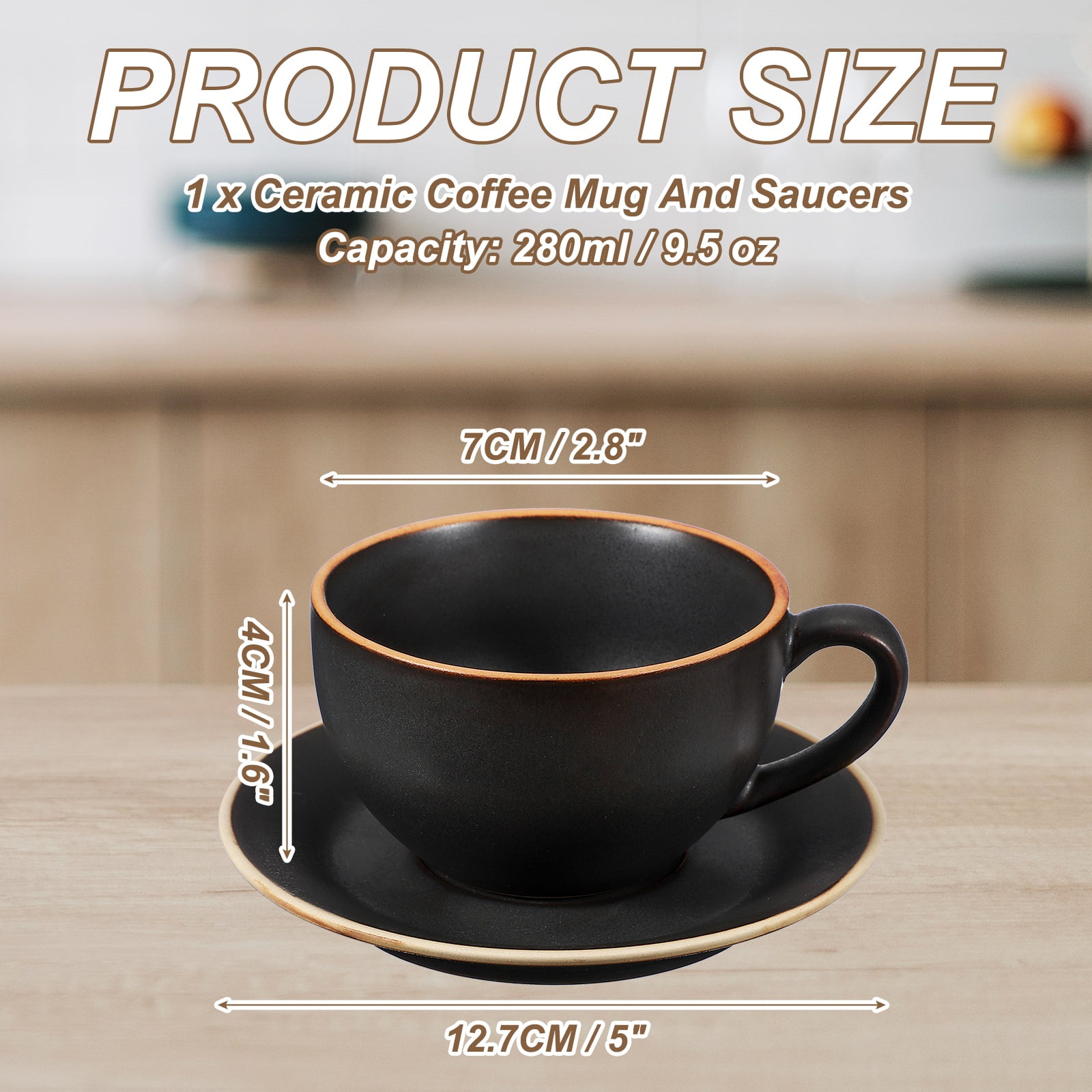 Uxcell Handmade Vintage Espresso Cups, 9.5 oz Coffee Cups and Saucers Ceramic Tea Cup with Handle Dishwasher and Microwave Safe for Latte Cappuccino Milk Office Home Gifts, Morandi Black