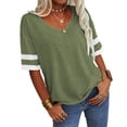 thumbnail image 2 of Stripe Sleeved Women Summer Casual V-neck T-shirt Loose Simple Tops, 2 of 5