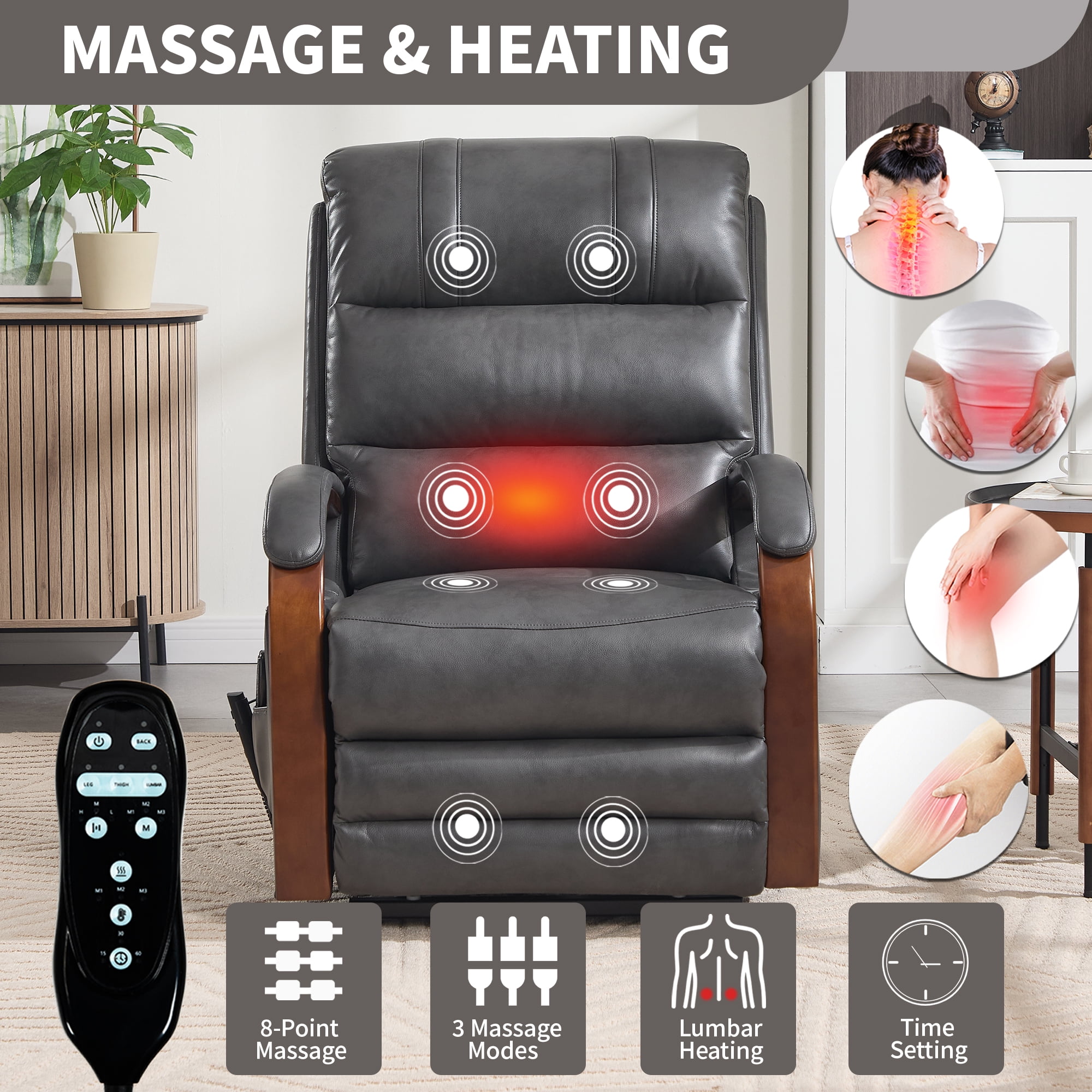 Gewnee Power Lift Recliner Chair with Heat and Massage,Lay Flat Assist Recliner with Side Pocket & Solid Wood Armrest,Lift Chair for Living Room.Grey PU
