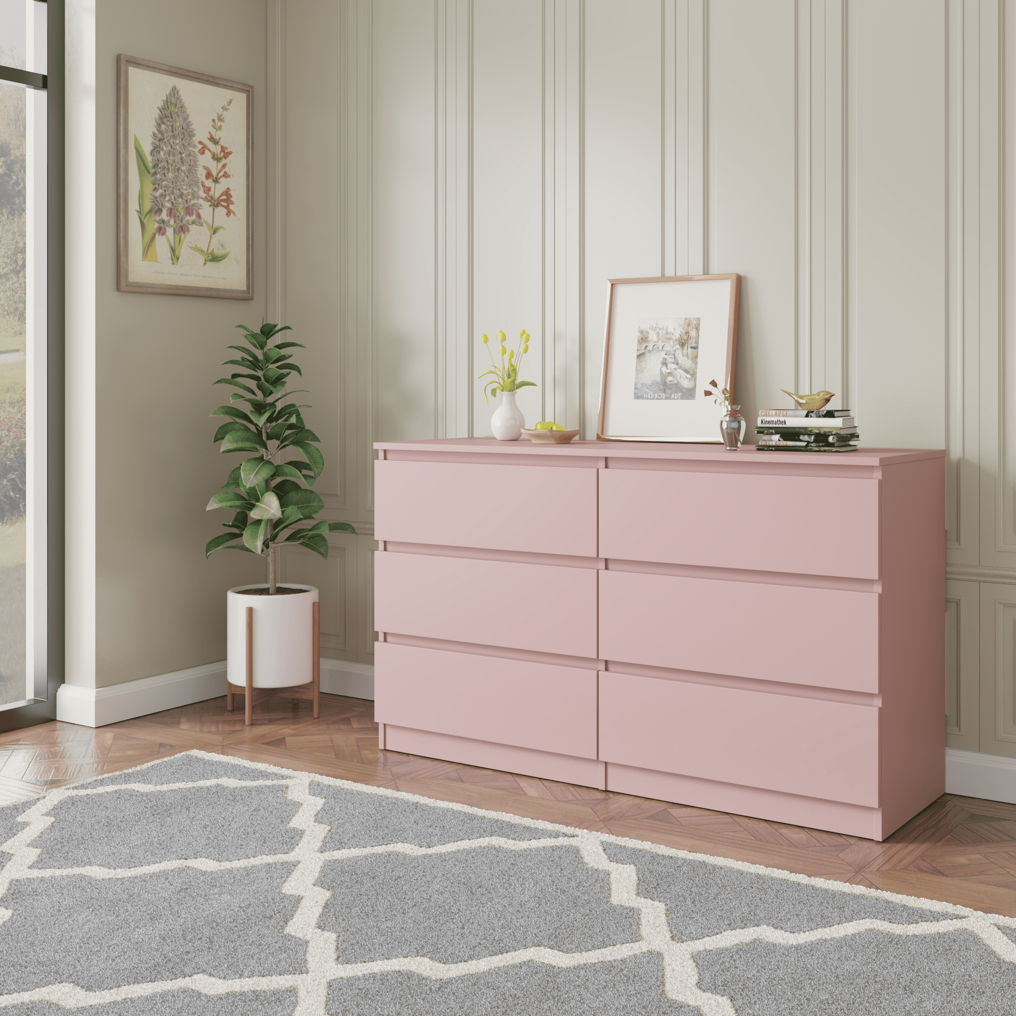 Lunale 6 Drawer Wide Dressers Chest for Bedroom, Storage Drawer Organizer with Modern Minimalist Design, Pink