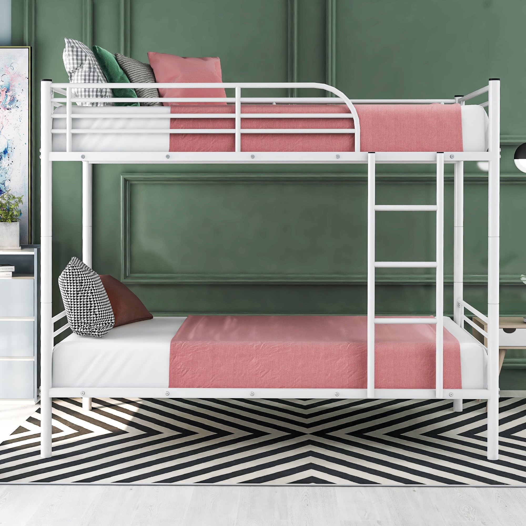 Kepooman Twin Over Twin Metal Bunk Bed with Ladder for Bedroom Dorm, 78"L x 39.5"W x 65.2"H, White Kepooman Twin Over Twin Metal Bunk Bed with Ladder for Bedroom Dorm, 78"L x 39.5"W x 65.2"H, White