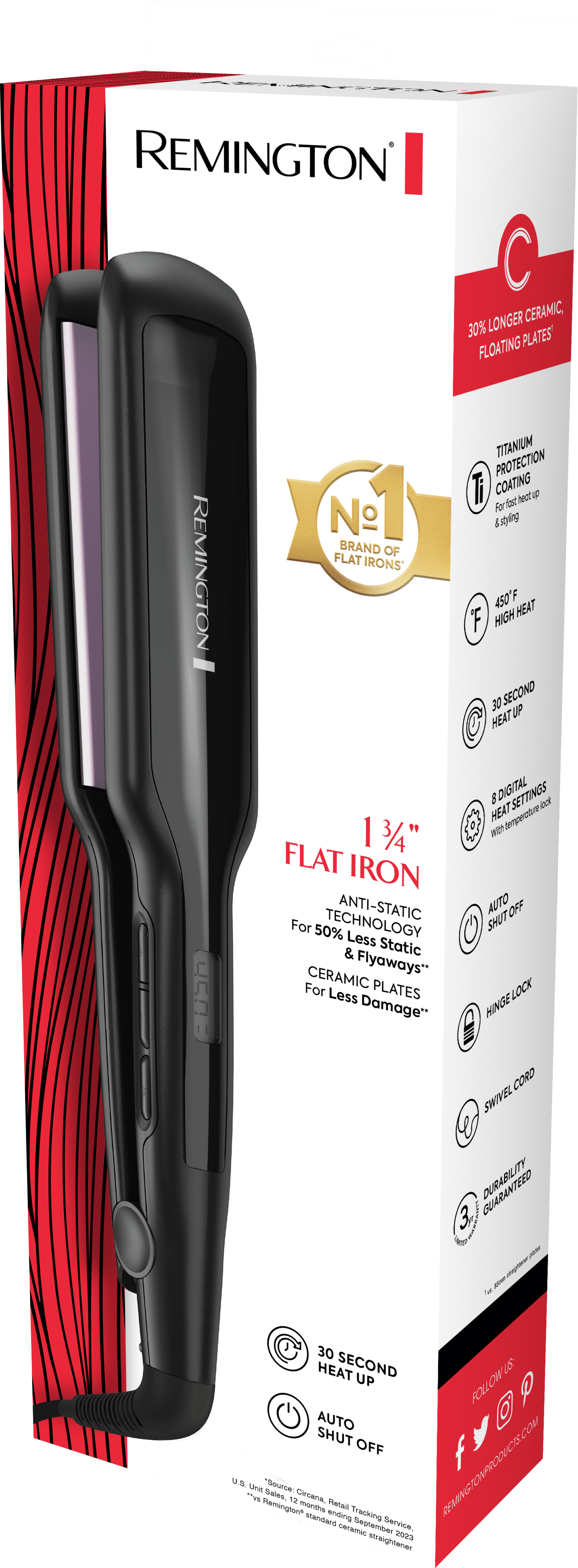 Remington 1 3/4" Titanium Flat Iron Hair Straightener, Anti-Static Technology