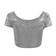thumbnail image 5 of GBSYEWXS Women T-Shirts Crew Neck Short Sleeve Sequins Shirts Casual Festival Silver Tops, 5 of 5
