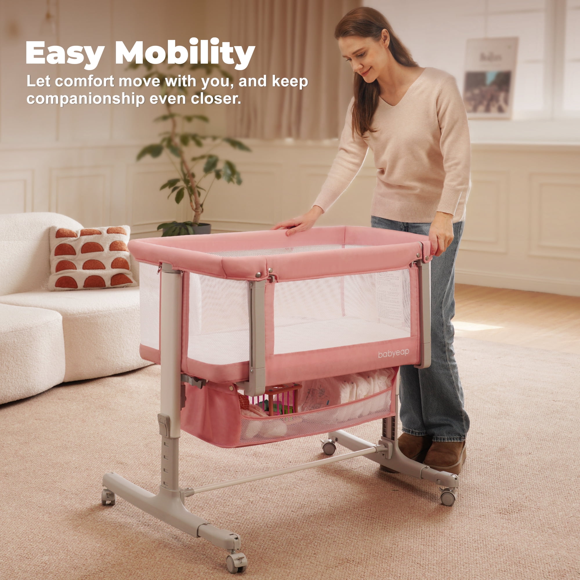 Babyeap Baby Bassinet for Newborn with Large Storage Basket, Pink