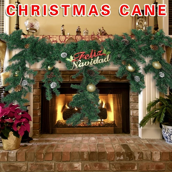 49-inch Pre-Lit LED Christmas Garland Cane with Balls & "Merry Christmas" Accents, Artificial PVC Hanging Decor, Festive Cane for Fireplace & Indoor-Outdoor Decoration