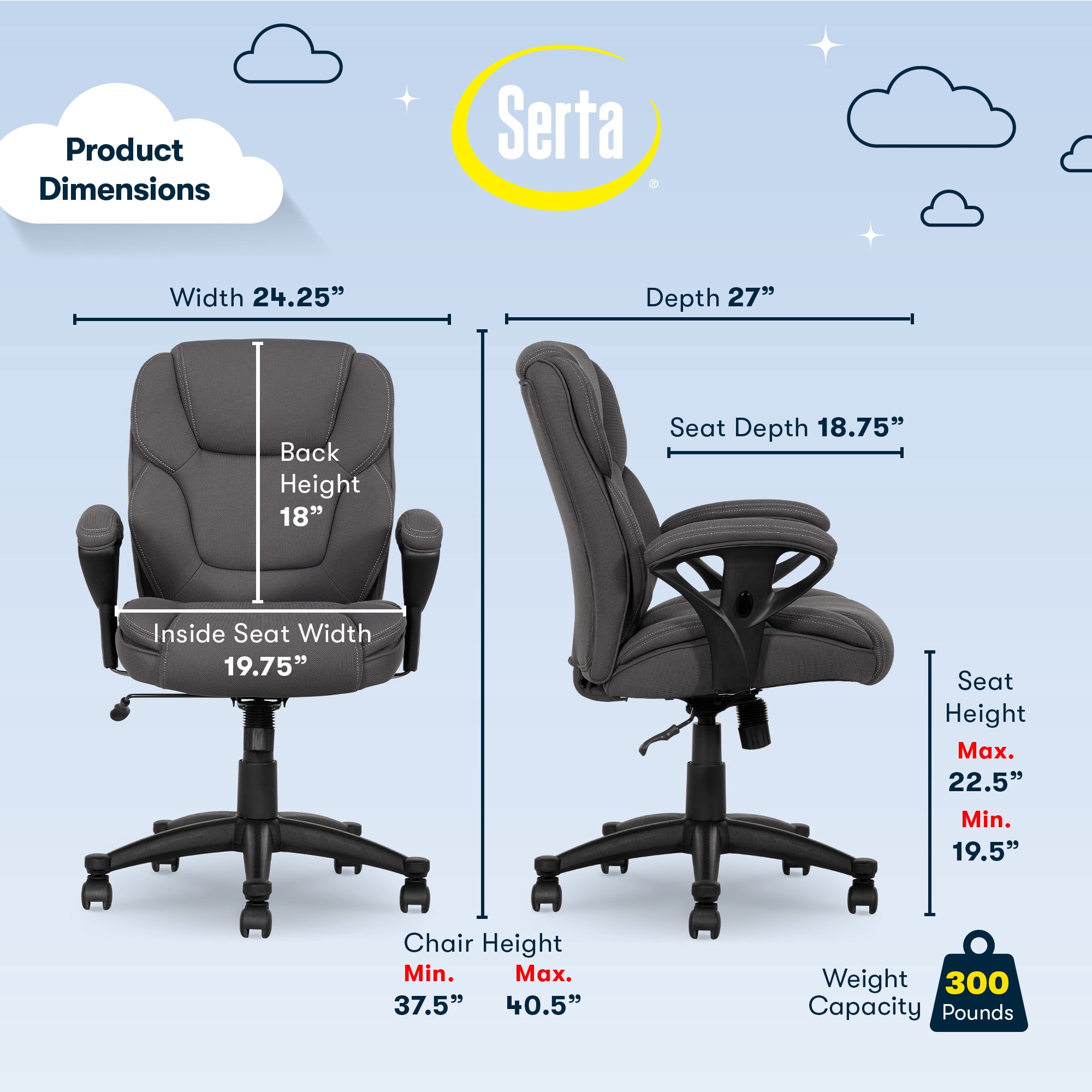Serta Commercial Grade Task Office Chair, Supports up to 300 lbs., Dark Gray