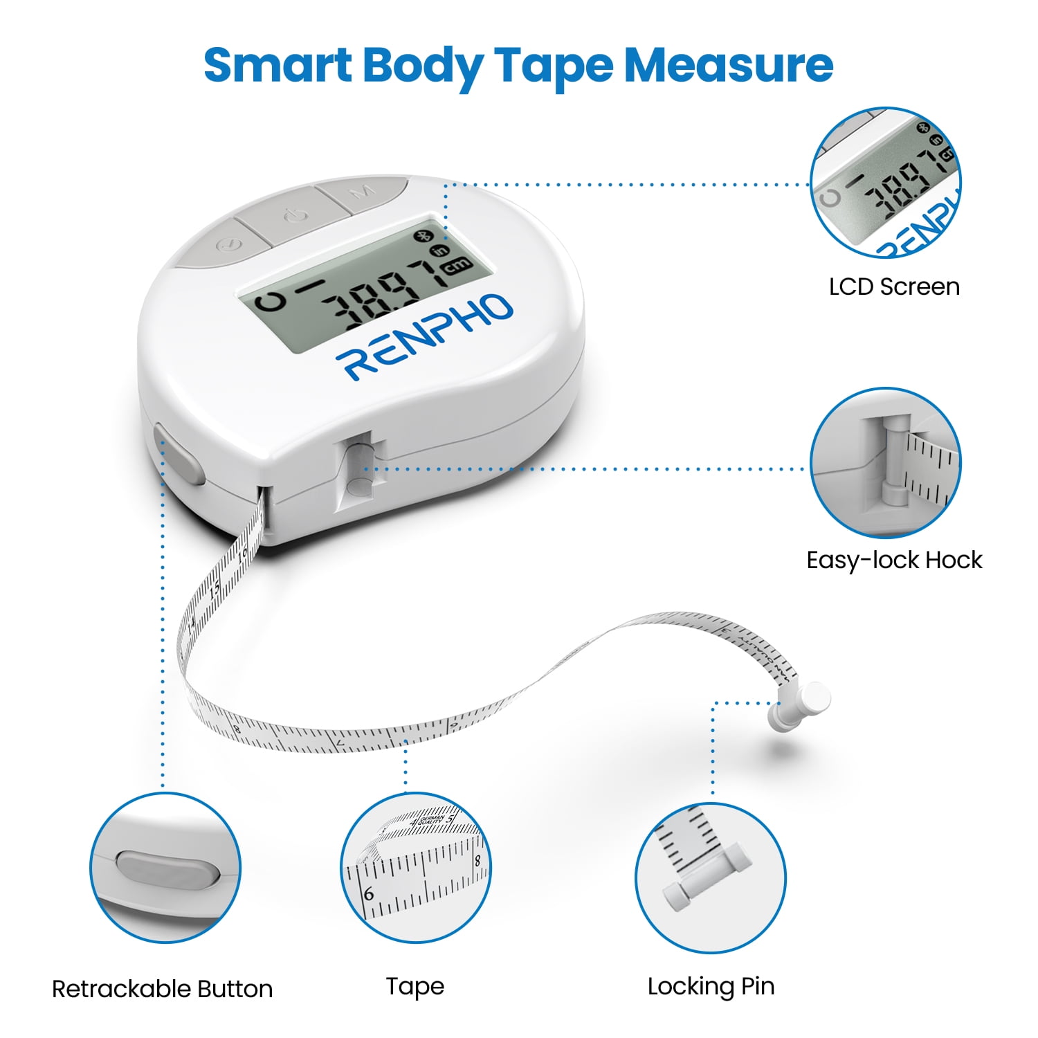 RENPHO Smart Tape Measure with App, Small Bluetooth Measuring Tape with LCD  Display for Monitoring Body Circumference, Tailors, Pregnant 