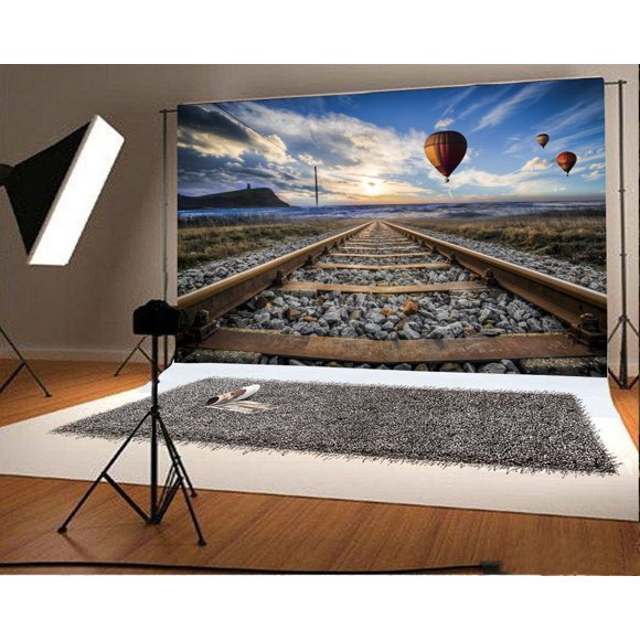 EREHome Polyester Fabric 7x5ft Photography Backdrop Rustic Railroad Tracks Stone Hot Air Balloons Blue Sky White Cloud Nature Background Kids Children Adults Photo Studio Props