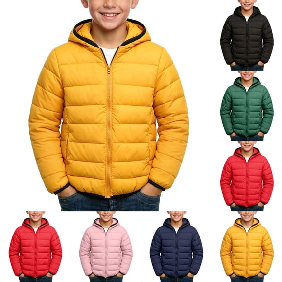 Boys and Girls Quilted Jacket 5-15Years Unisex Hooded Long Sleeve Puffy Jackets Winter Casual Loose Solid Color Outdoor Sport Full Zipper Outerwear