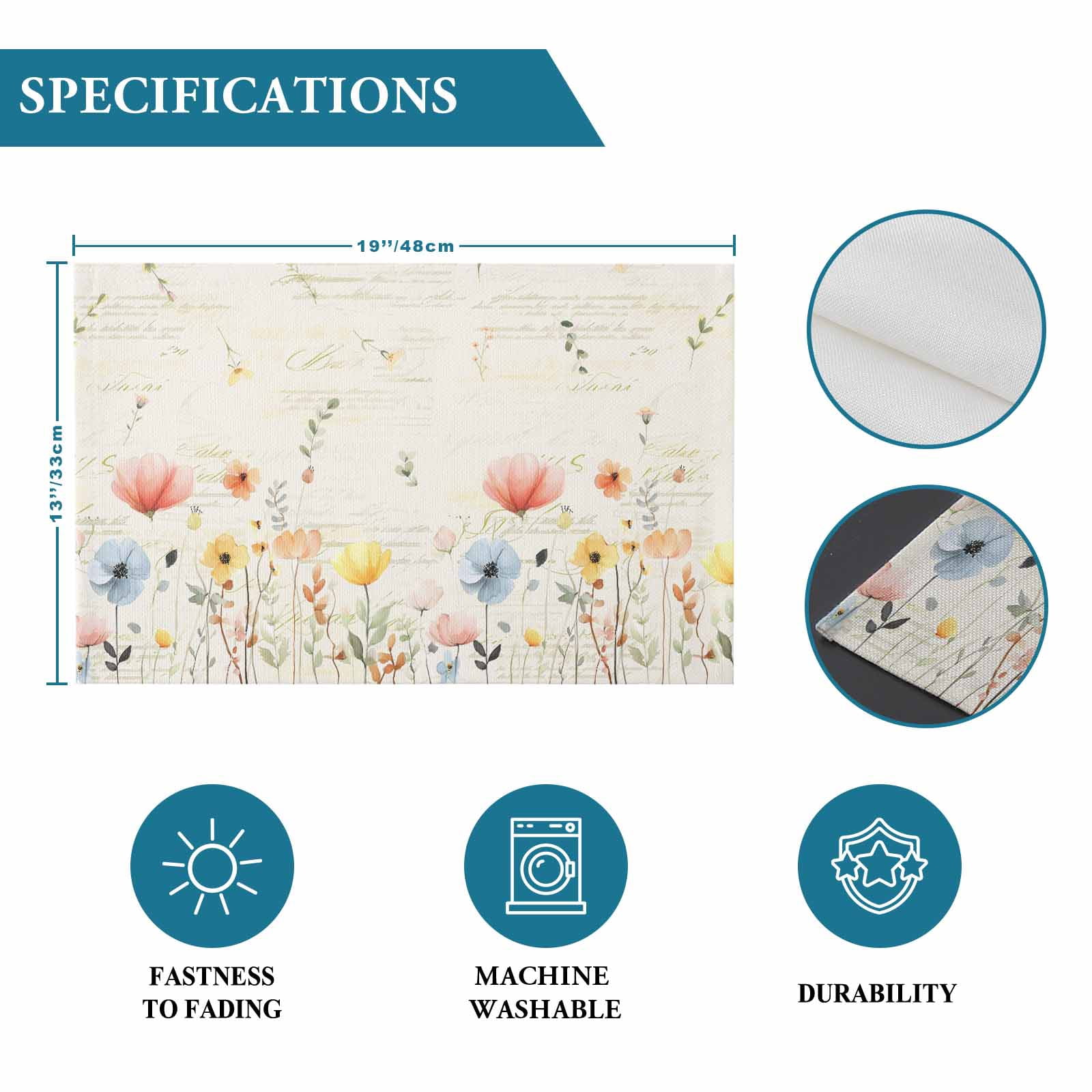 Watercolor Wildflowers Placemats Set of 6, Farmhouse Country Botanical Flowers Placemats for Dining Table, Place Mats for Kitchen Tabletop, Waterproof Wipeable Dining Table Mats Set