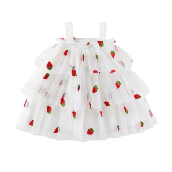 WERYOUNG Girls Dresses Summer Cute Sleeveless Spaghetti Strap Strawberry Printed Tiered Mesh Princess Dress Toddler Trendy Birthday Party Ball Gown Dress,White,18-24 Months