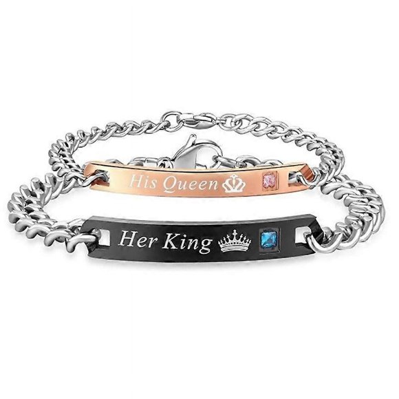 PiercingJ His Queen Her King Couple Bracelet His and Hers Matching Set Distance Bracelets Curb Link Chain Wrist Bangles Gift Set for Couples Lovers