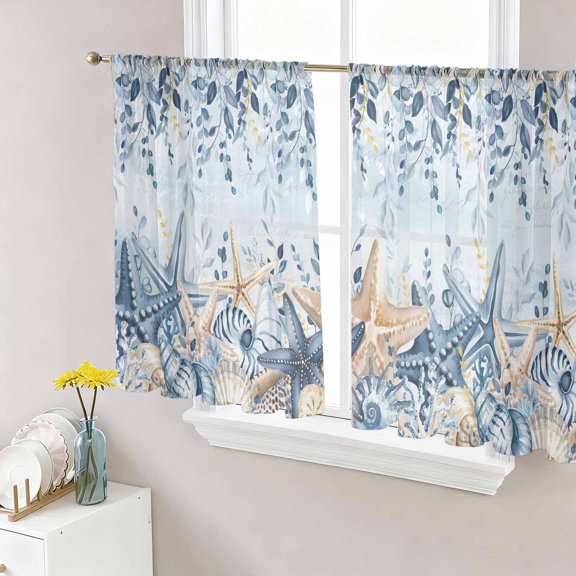 Sheer Curtains 54 Inch Length 2 Panels Set for Kitchen, Blue Eucalyptus Coastal Semi Sheer Curtains for Windows, Beach Starfish Shell Nautical Ombre Voile Window Treatments Rod Pocket Curtain