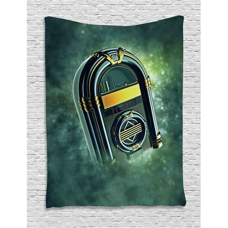 - Jukebox Tapestry, Abstract Grunge Antique Radio Music Box on Blurry Backdrop Print, Wall Hanging for Bedroom Living Room Dorm Decor, 40W X 60L Inches, Forest Green Yellow and White, by Ambesonne
