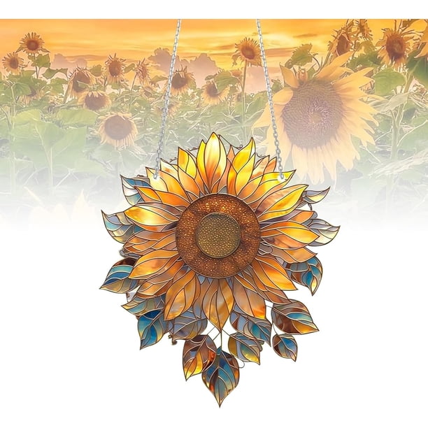 Colgante de ventana de acrílico con forma de girasol, atrapasol de girasol, vitral con forma de girasol, hecho a mano, decoración colgante de ventana con atrapasol de girasol, regalos de girasol para