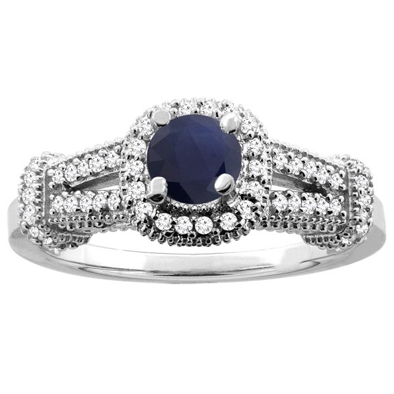 14K White Gold Natural High Quality Blue Sapphire Engagement Halo Ring Round 5mm Diamond Accents, size 6