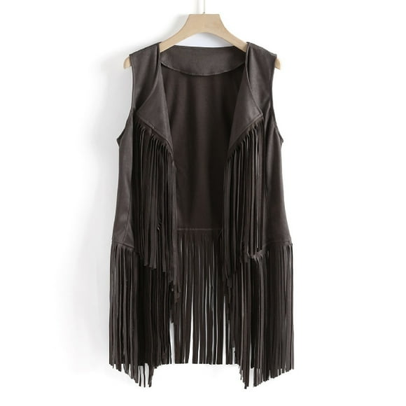 Hippie Vest for Women Vintage Ethnic 70s Tassel Vest Faux Seude Solid Sleeveless Fringe Hippie Jacket Vest