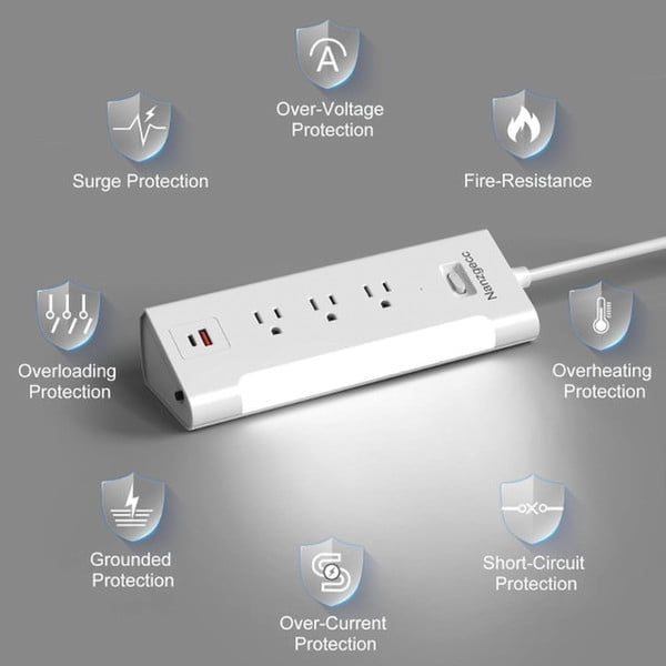 Angled 3 Outlet Power Strip - Built in USB A/C Port - Integrated LED Light - 300 Joules Surge Protection