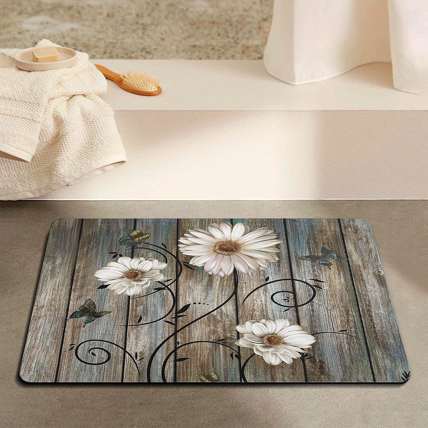 Rustic Daisy Bathroom Rugs Grey Floral Butterfly Bath Mat, Farmhouse Absorption Non-Slip Floor Mat, Daisy Bathroom Bedroom Decor(Rectangle,27×17 inch)