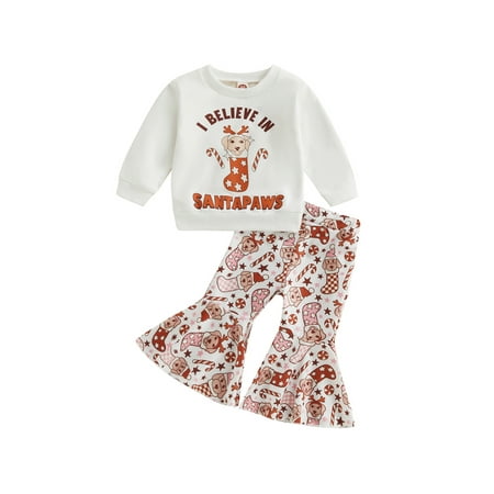 

Toddler Baby Girl Santa Claus Christmas Sock Puppy Print Long Sleeve T-shirt Tops Casual Flare Pant