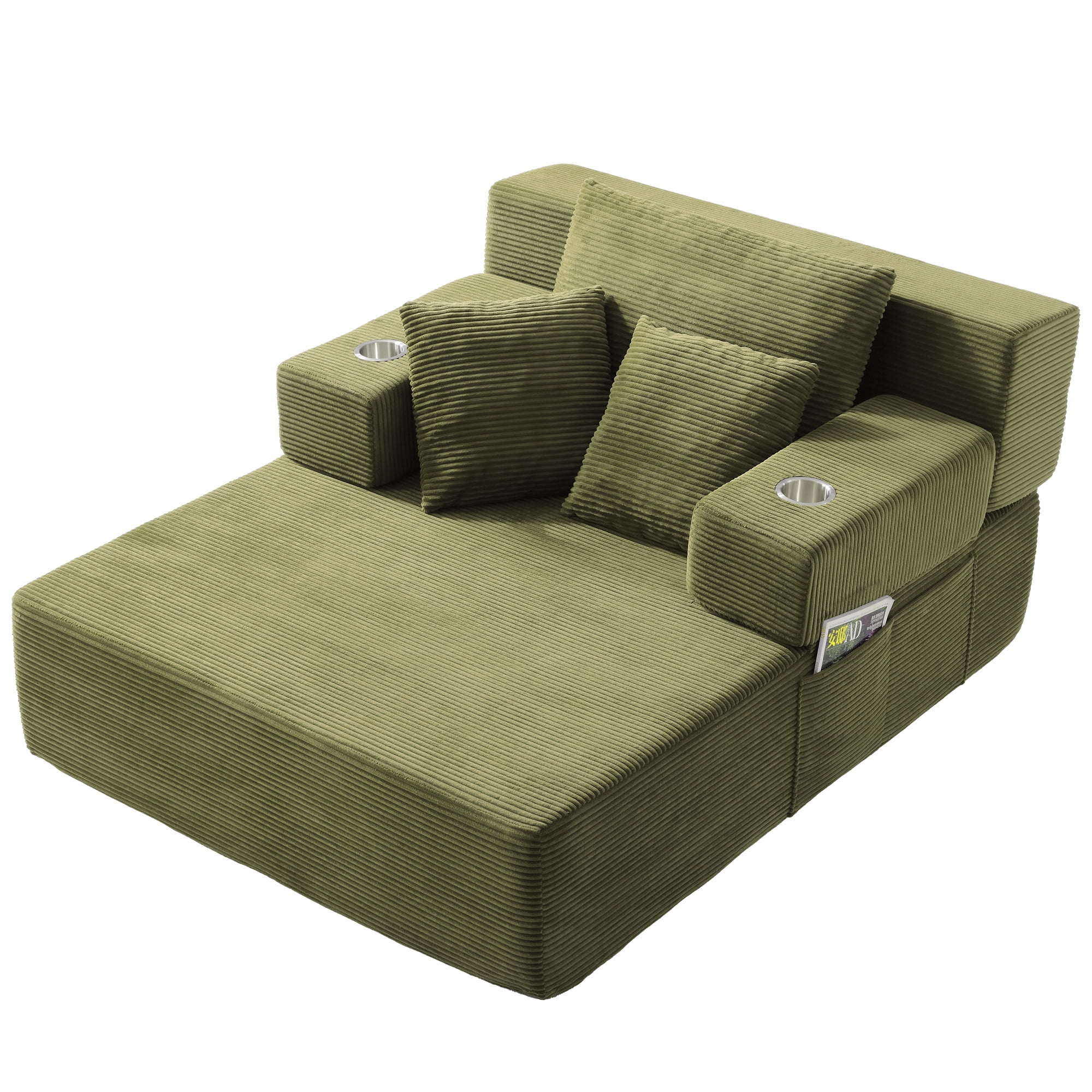 48" Wide Luxurious Corduroy Chaise Lounge with 3 Pillows, 71" Convertible Sofa Bed with Storage Pocket and Cup Holders