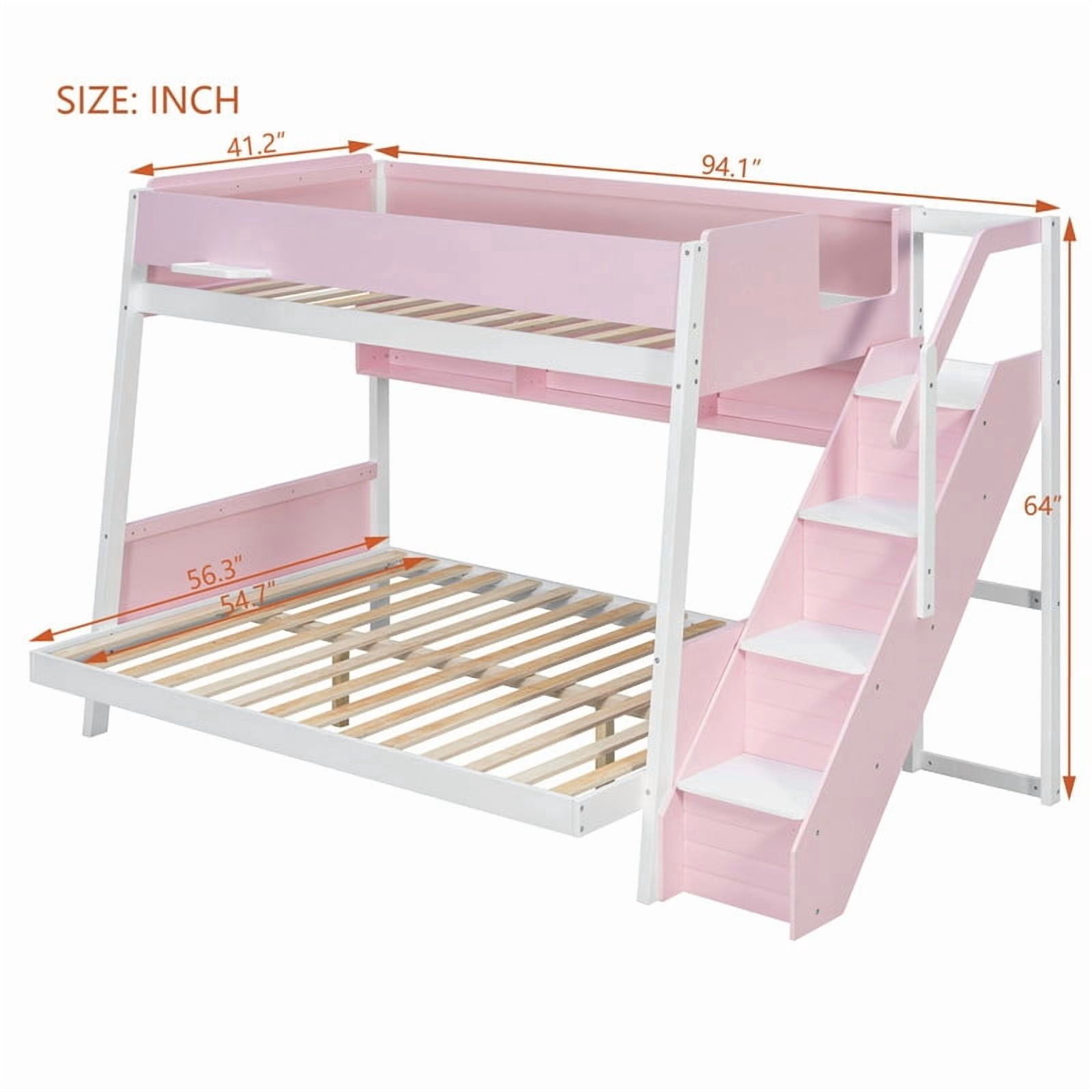 Twin over Full Bunk Bed with Striped-Design Staircase, Kids Teens Wooden Storage Bed Frame with Side Shelves