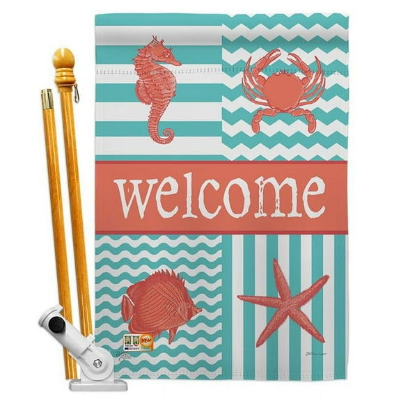 Breeze Decor BD-NA-HS-107004-IP-BO-D-US15-SB 28 x 40 in. Coastal Collage Nautical Impressions Decorative Vertical Double Sided House Flag Set & Pole Bracket Hardware