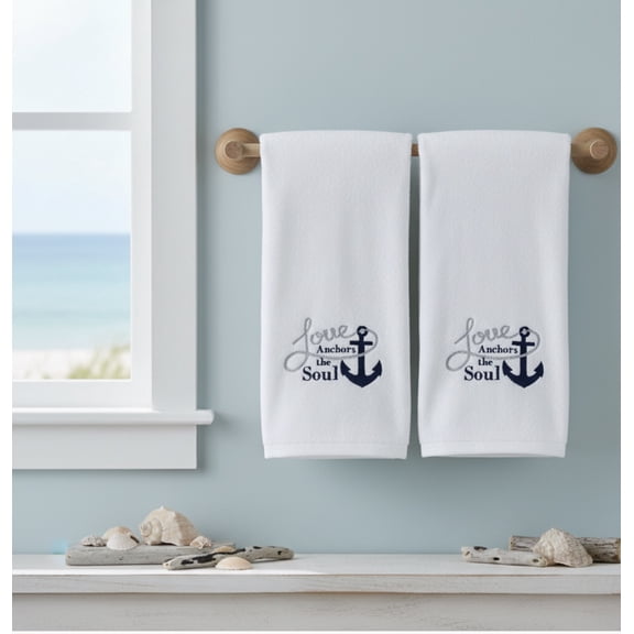Serafina Home White Guest Hand Towels: Luxury Soft and Absorbent Embroidered 2 Piece, Love Anchors The Soul 16 by 25 Inch Each (Anchor Love)