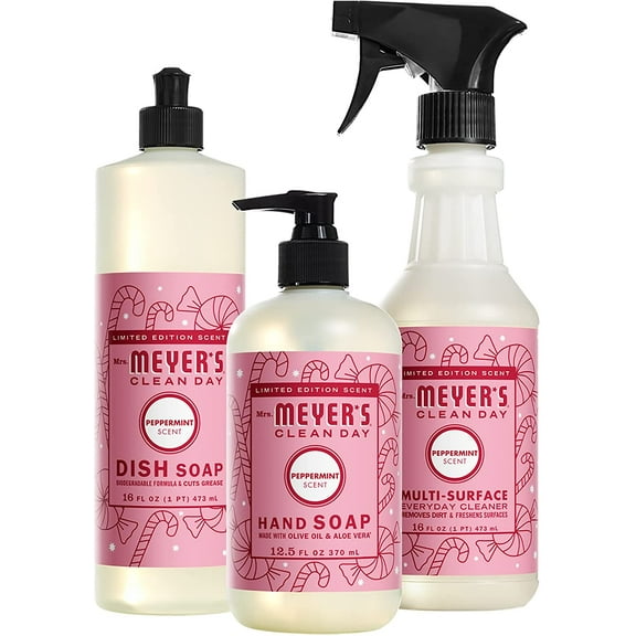 Mrs. Meyer's Peppermint Kitchen Set Dish Soap Hand Soap Multi-Surface Cleaner, 3CT