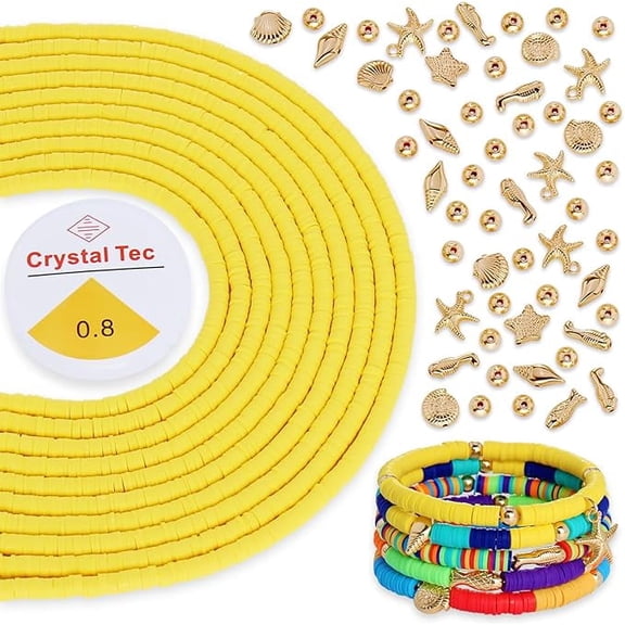 6mm 10 Strands Clay Beads Vinyl Flat Handmade Polymer Clay Beads with Summer Sea Life Accessories Beads Spacer 1 Roll Elastic Strings for Jewelry Making(RT-Yellow-6 GP)