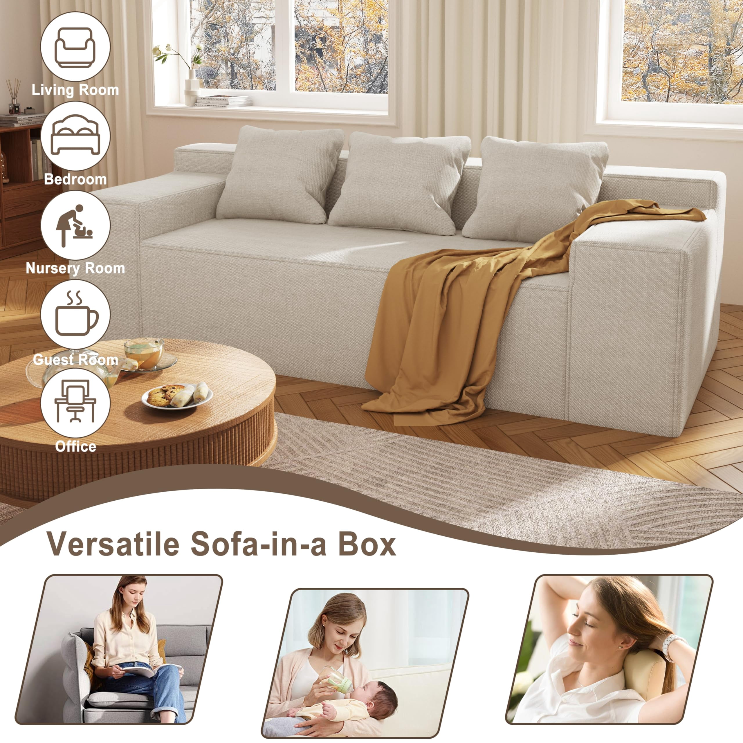 Modern 3-Seater Sofa, Hybrid Sofa in a Box, No Assembly Required, Comfy Sofa Couch with 3 Matching Pillows, Couch for Living Room or Bedroom, Beige