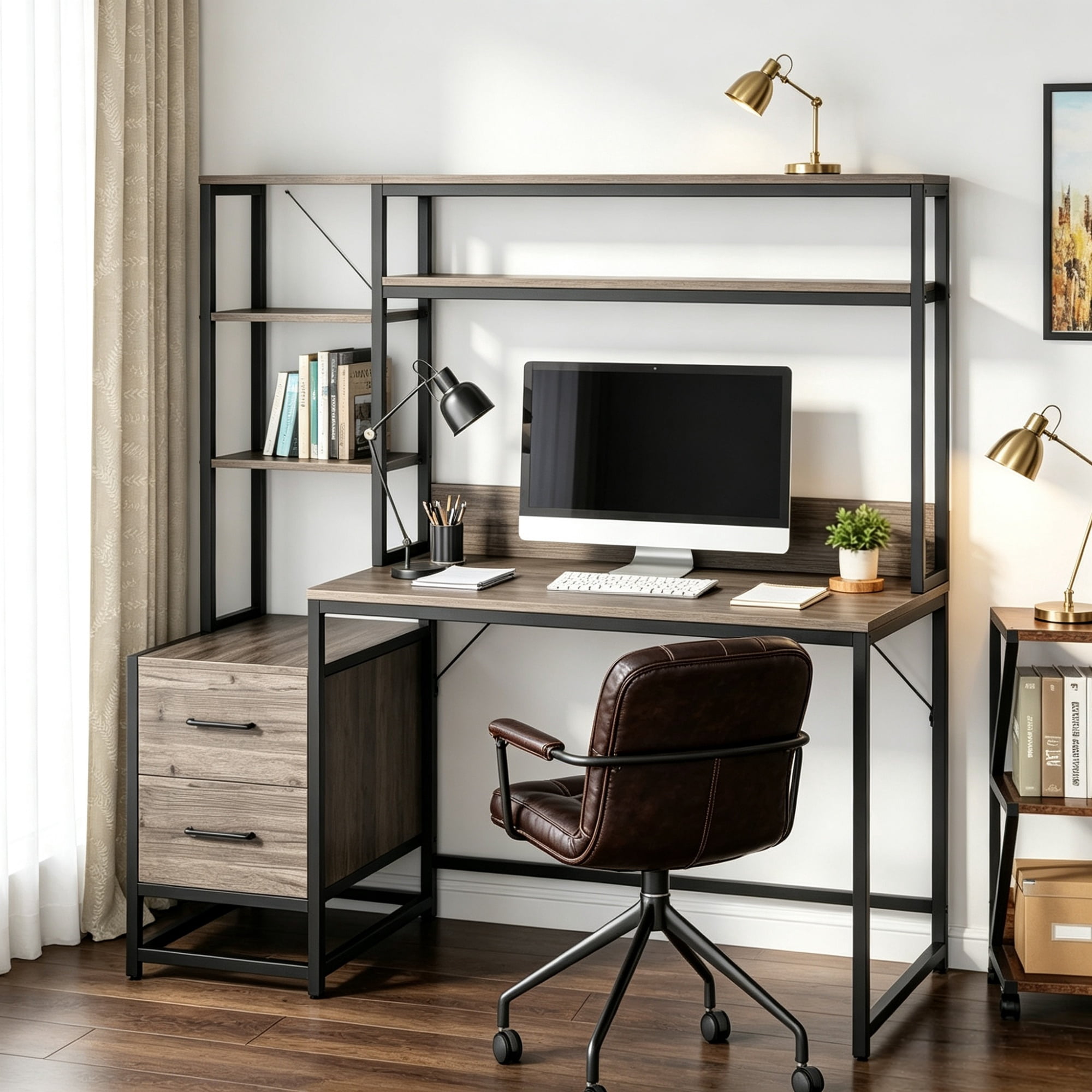 Astoutdoor Wood Computer Desk with 2 Drawers and Open Storage Shelves, 46.46 in Wide, 82.01 lb