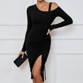 thumbnail image 4 of SWSMCLT Women's Long Sleeve High Split Bodycon Dress Sexy Drawstring Ruched Cold Shoulder Mini Dresses Black Small, 4 of 5