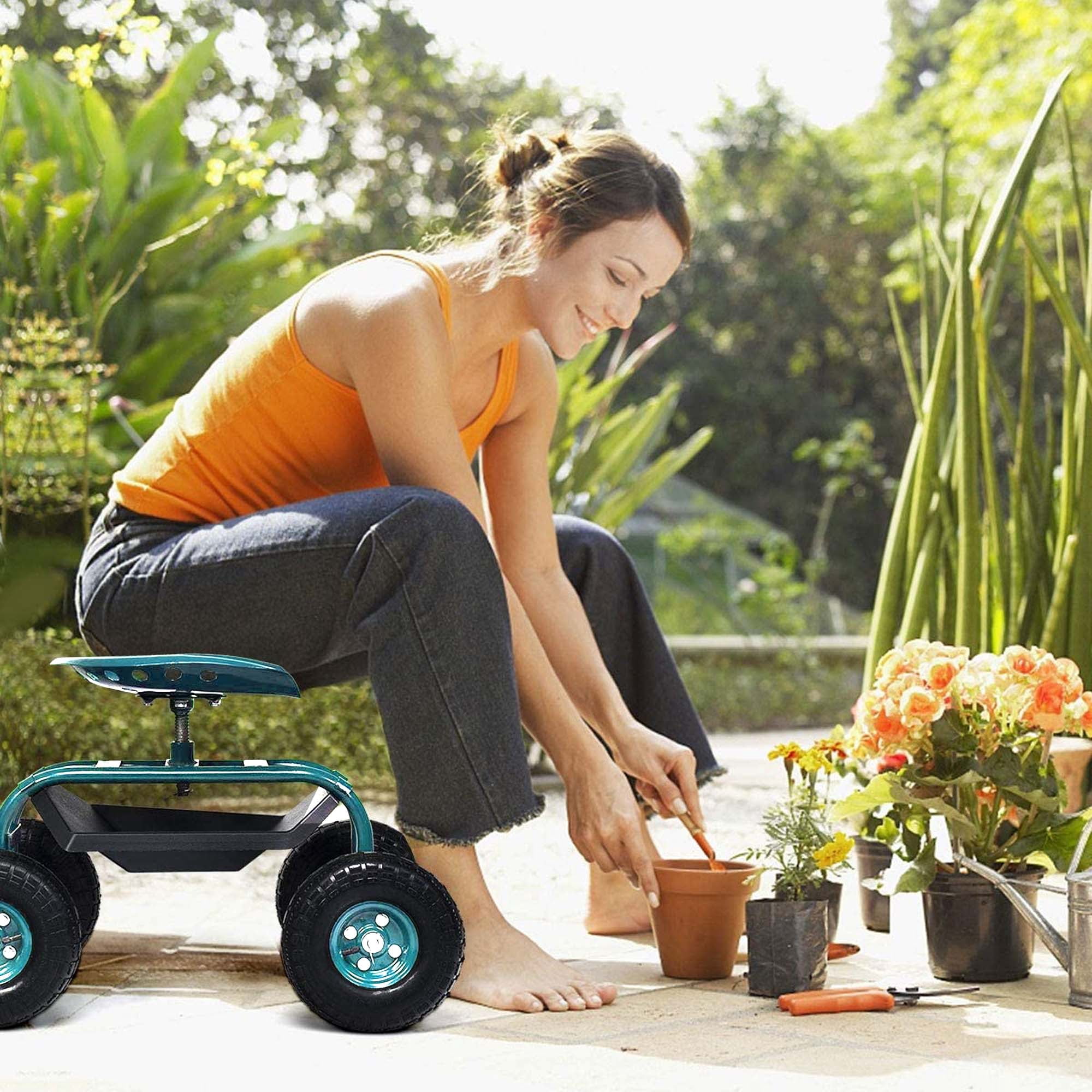 Aukfa Rolling Garden Cart Scooter with Swivel Seat, Wheels, and Tool Tray - Green