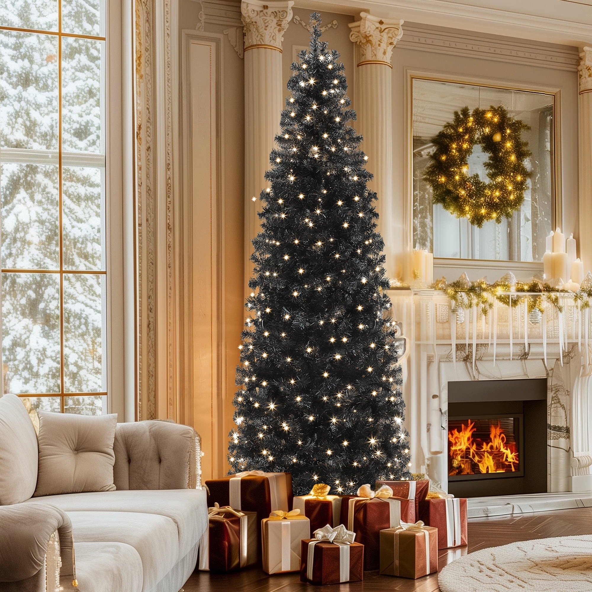 Uforic 7.5ft Pre-Lit Artificial Pencil Christmas Tree,Hinged Slim Hallowee Christmas Tree with 1000 Branch Tips and 350 Lights,Black