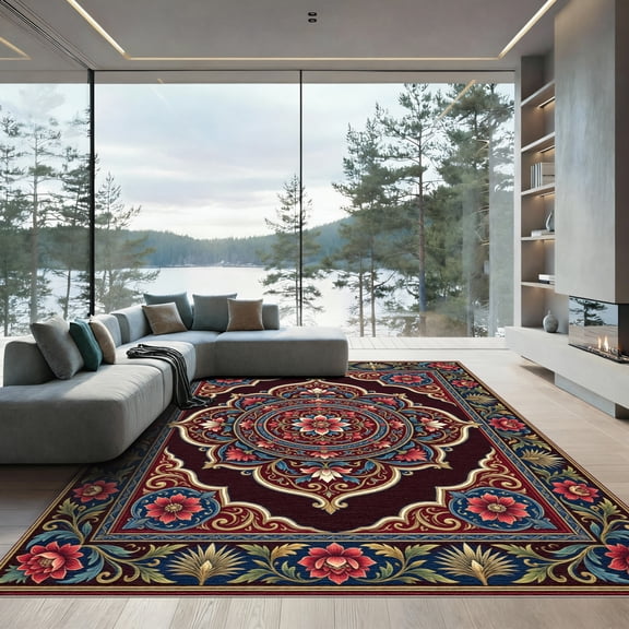 ODIKA 4'x6' Machine Washable Non-Slip Area Rug, Oriental Burgundy High Traffic Rug, Red, 976170