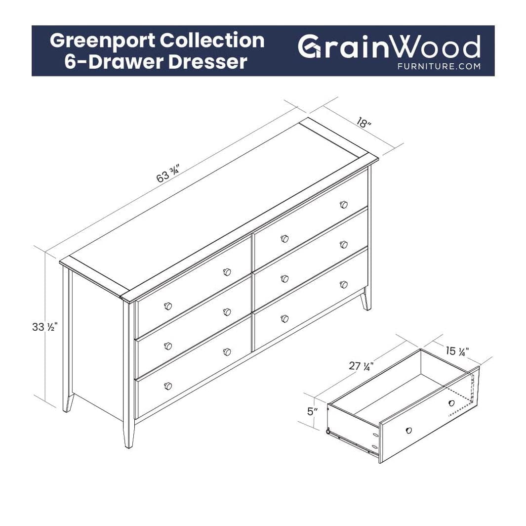 Grain Wood Furniture Greenport 6-Drawer Bedroom Dresser, Solid Wood with a Brushed Grey Finish