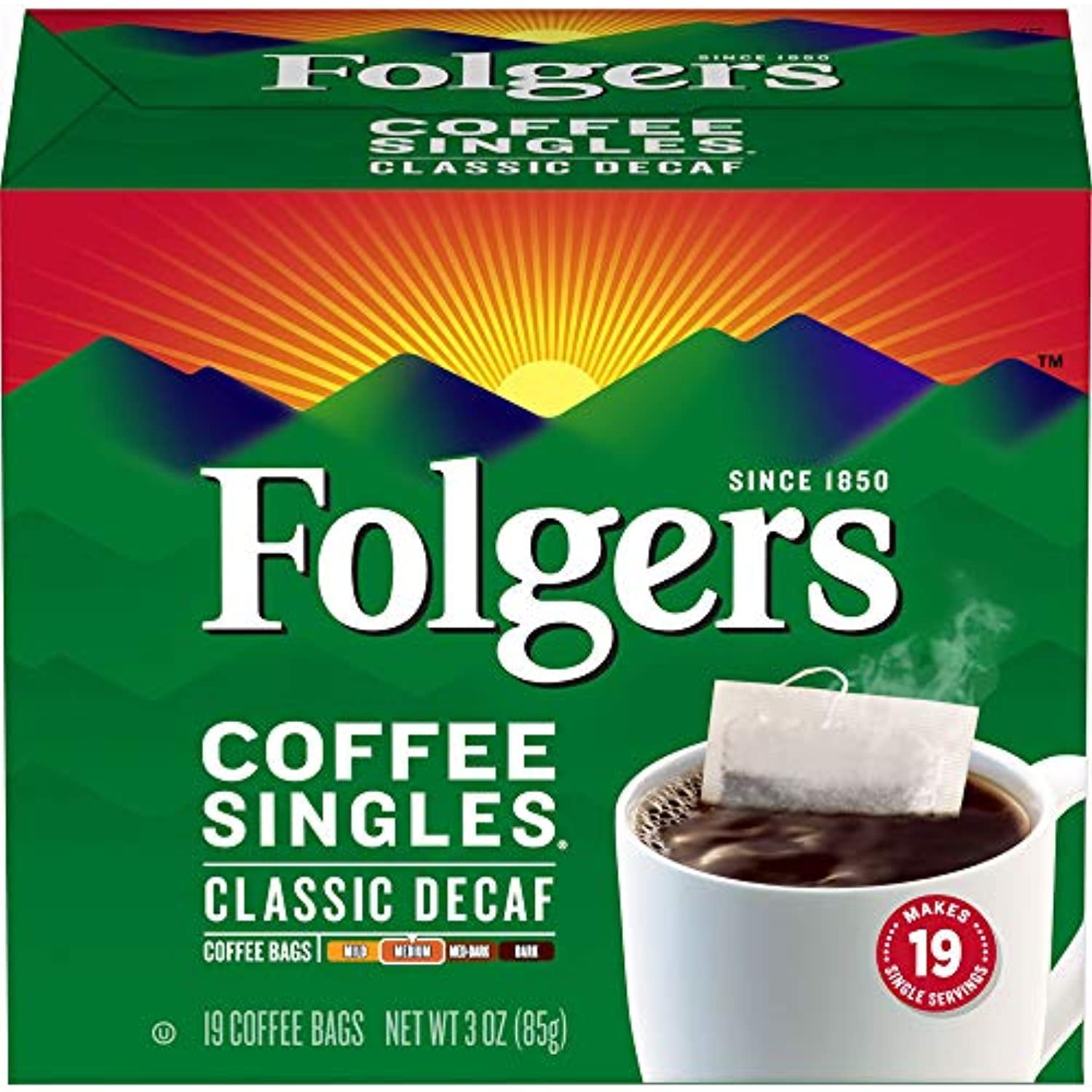 Folgers Coffee Singles Classic Decaf Medium Roast Coffee, 19 Single Serve Coffee Bags