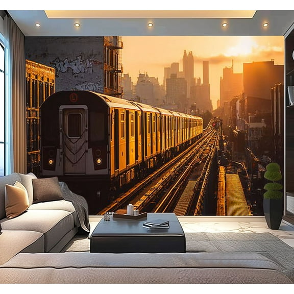 Peel and Stick Wallpaper Subway Train New York Sunset Modern Art Wall Mural Decor Self Adhesive and Removable 100in x 144in