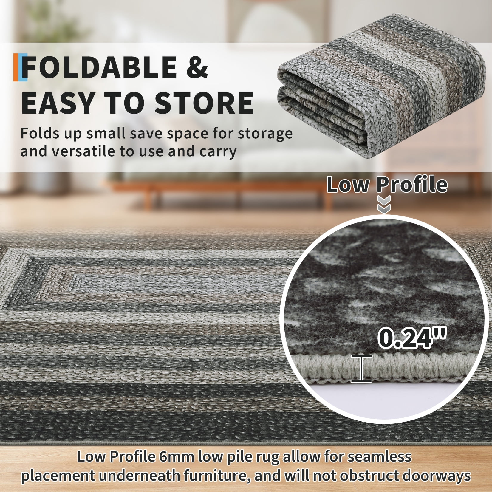 HOMERRY Washable Large Rug for Living Room 9' x 12' Braided Print Modern Bordered Soft Non-Slip Indoor Carpet, Black/Brown