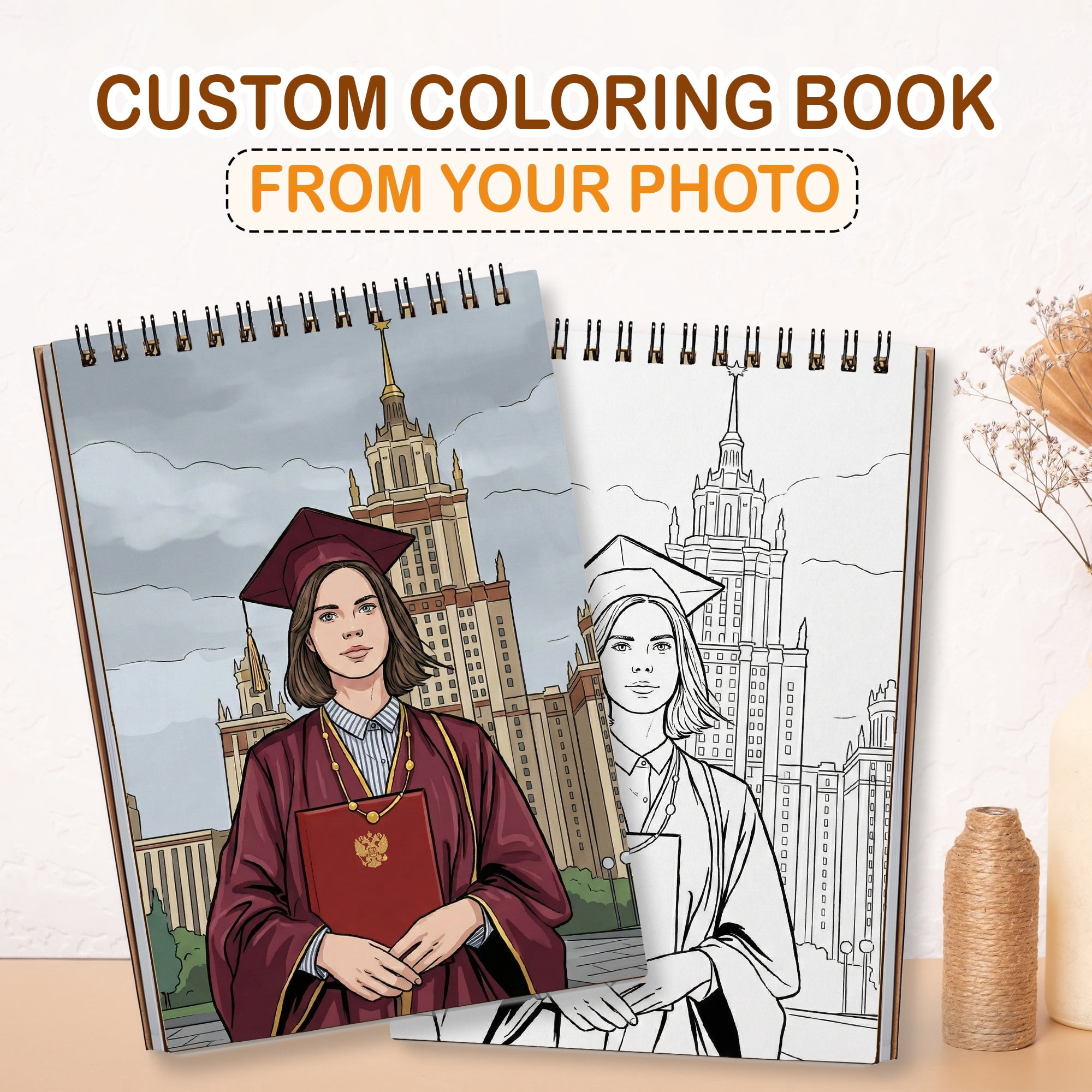 Personalized Graduation Coloring Book for Adults, Custom Coloring Pages from Your Graduation Photos, 12–48 Pages, Class of 2026 Gifts, Premium Wooden Cover, Spiral Binding