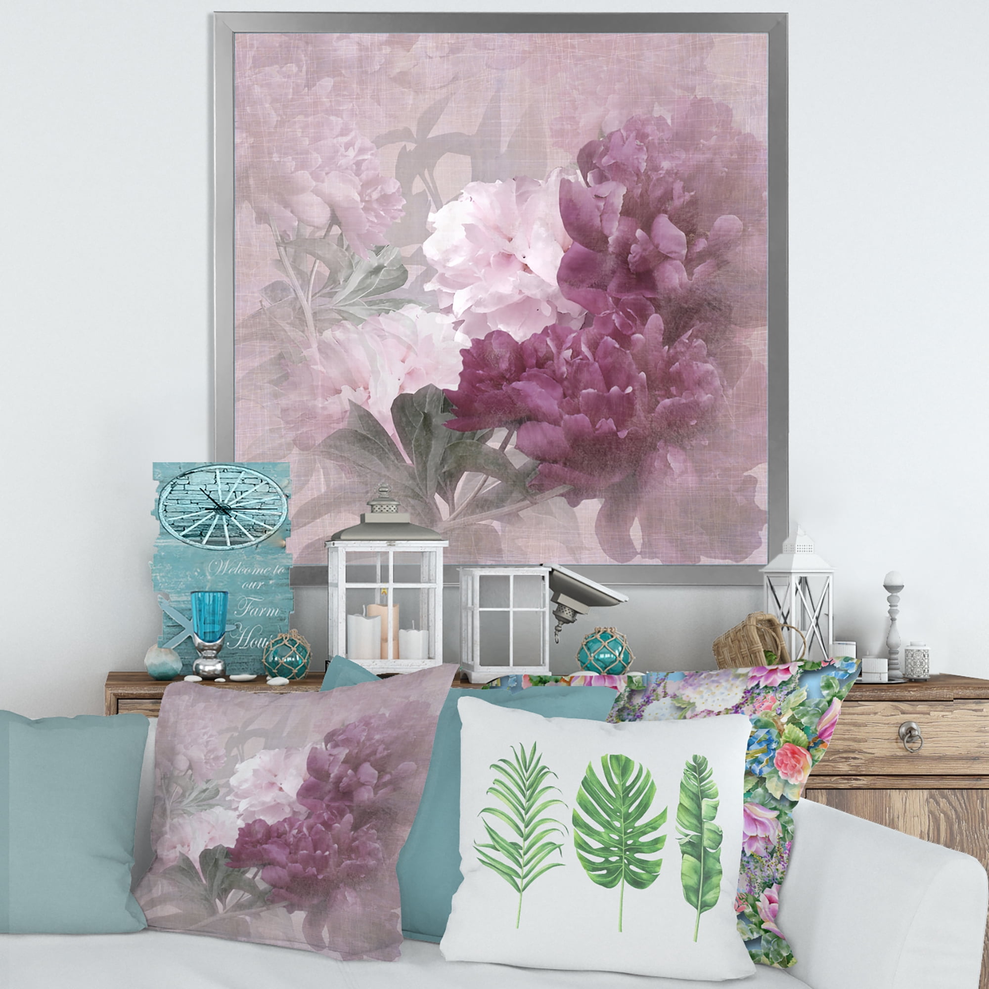 Designart 'Ancient Pink and Purple Flowers II' Traditional Framed Art Print